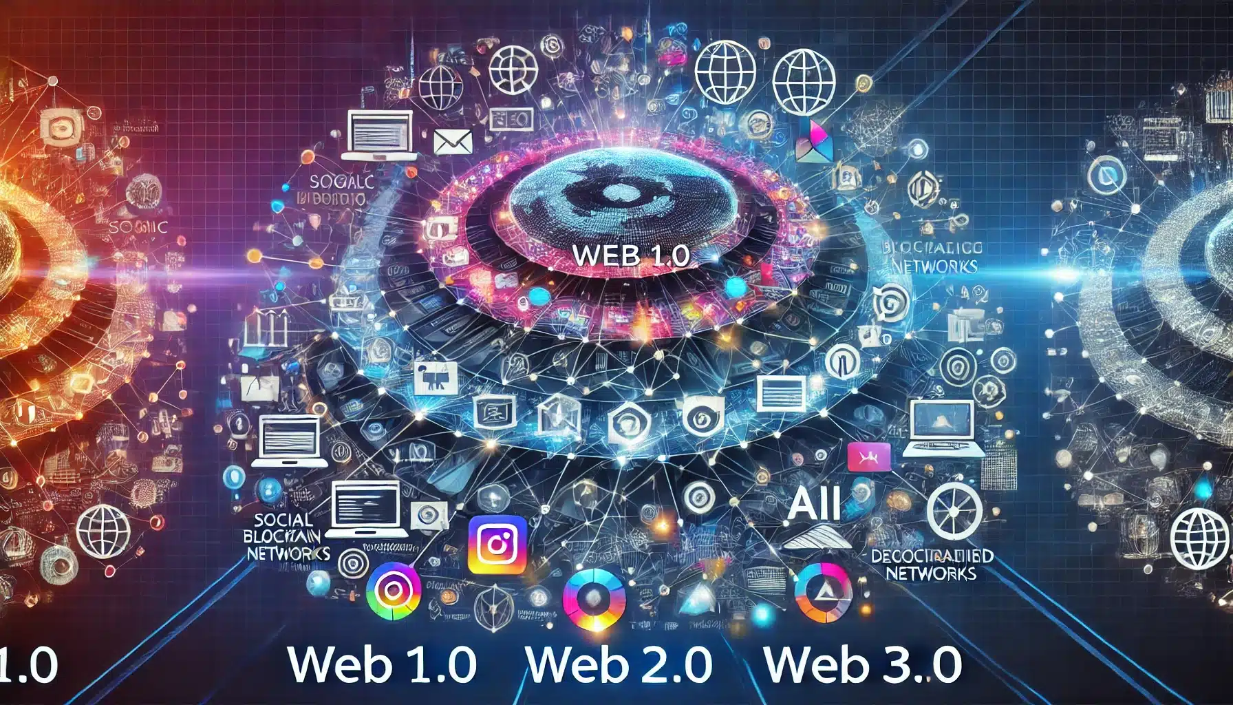 "Illustration of the evolution of the internet, featuring three distinct layers: Web 1.0 depicted as simple static web pages with basic text and graphics, Web 2.0 showcasing dynamic elements like social media icons, user-generated content, and interactivity, and Web 3.0 representing blockchain nodes, decentralized networks, and futuristic AI elements, designed with a modern, vibrant, and tech-savvy aesthetic."