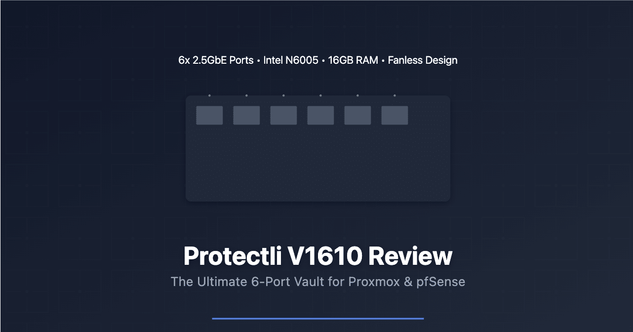 Protectli V1610 mini-PC with a compact, fanless design and six Ethernet ports, perfect for travel and multi-purpose use